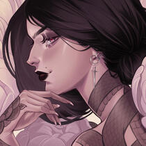 Profile Illustration of a woman with black hair, snake tattoos and a sword earring